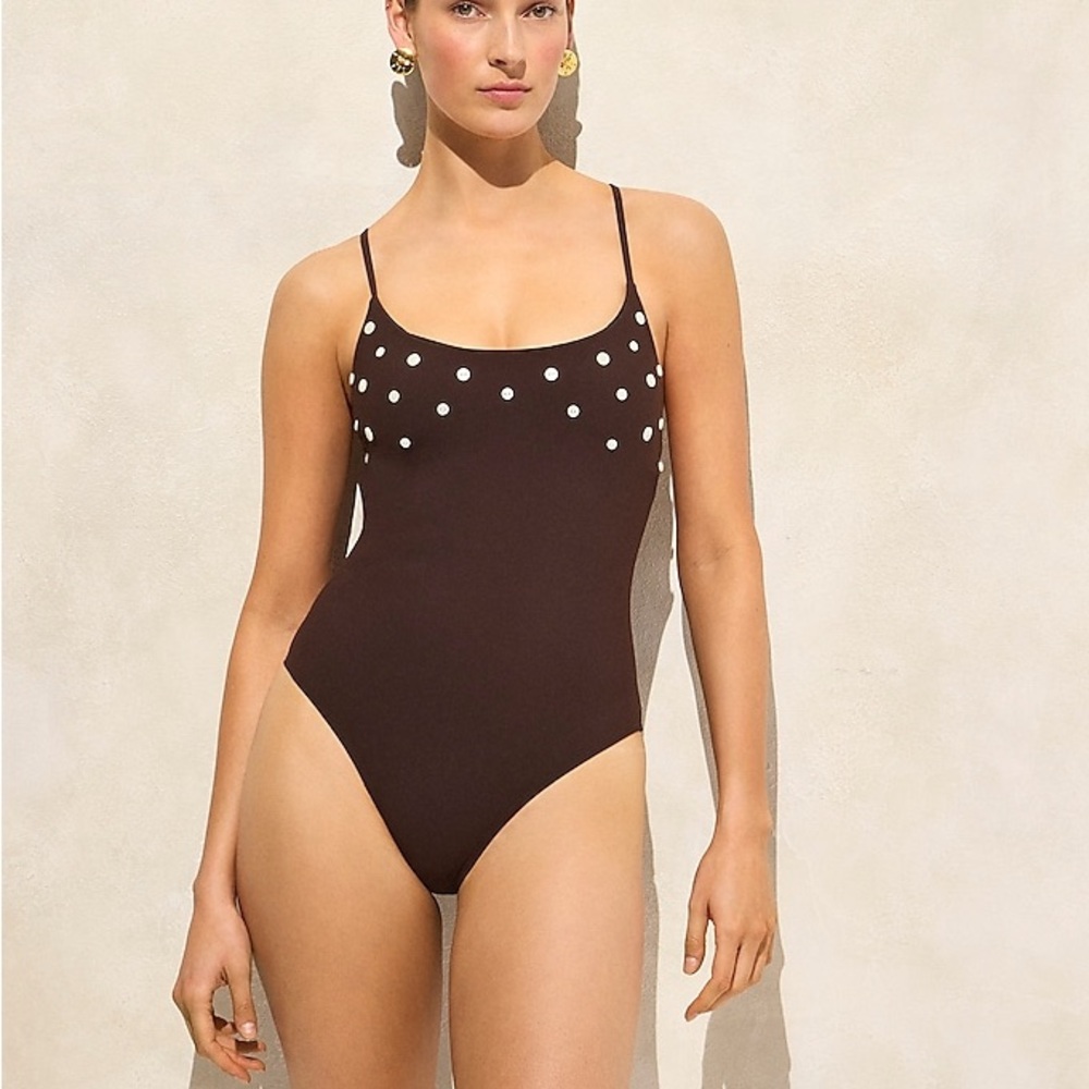 NWT J.Crew Button-trim scoopback one-piece swimsuit Size 6 Inky Espresso Brown